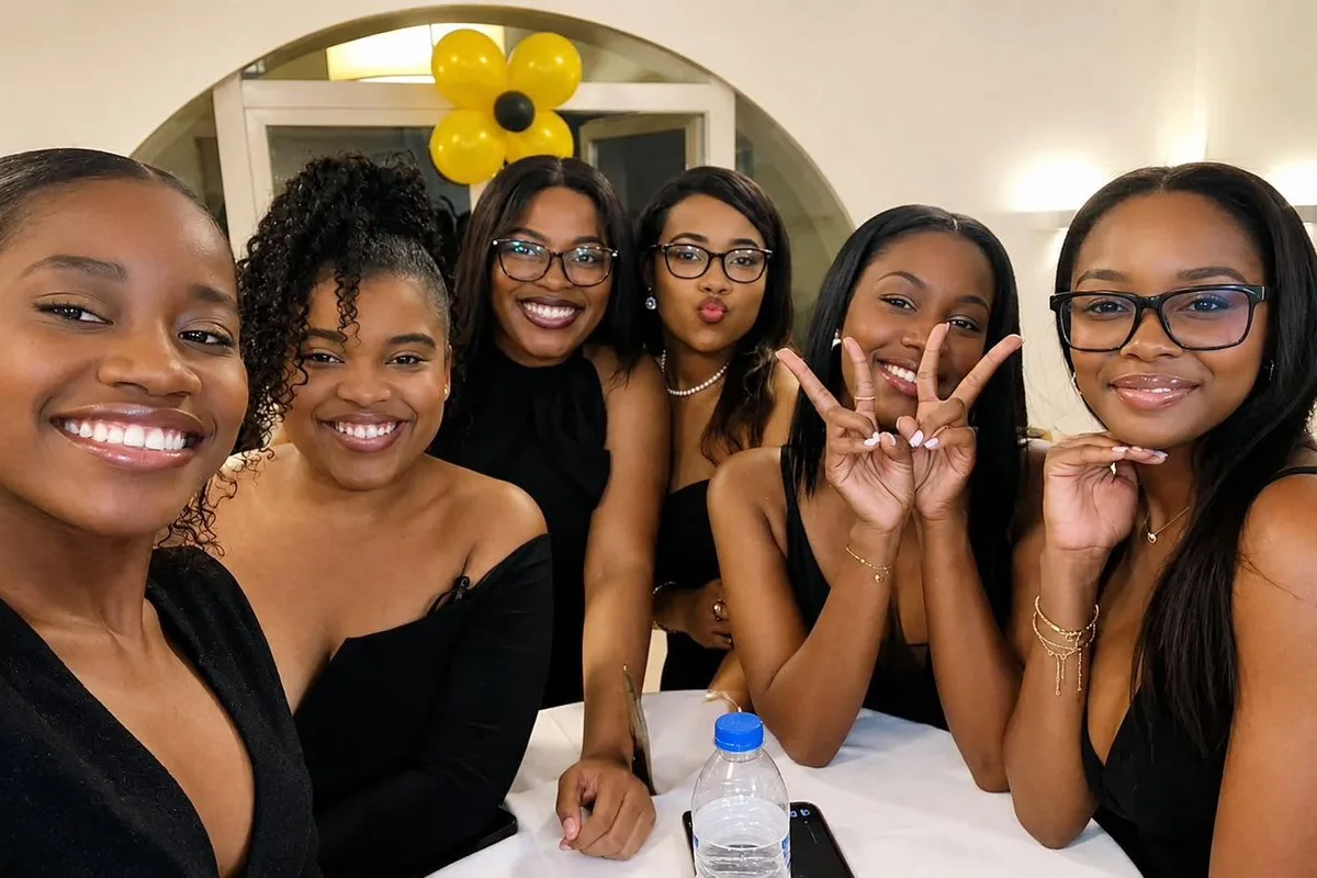 Six jeunes femmes souriantes, en tenue de soirée, posent ensemble autour d'une table